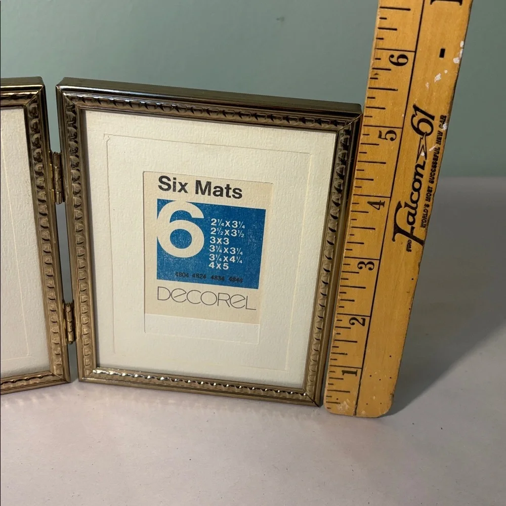 Gold Tone Bi-Fold Double Picture Frame with 6 Mats